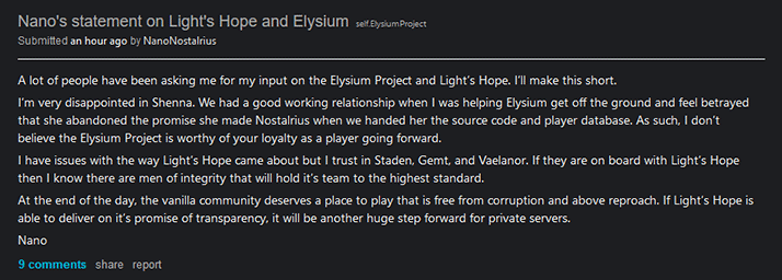 Nano's statement on Light's Hope and Elysium