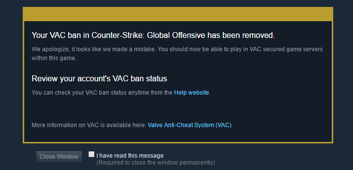 Account Unbanned from Counter Strike