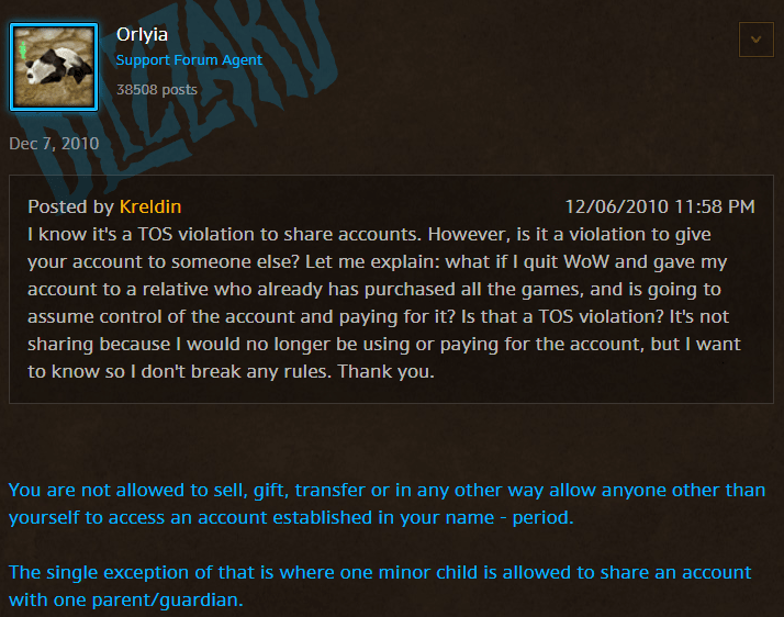 selling WoW accounts is a bannable offense