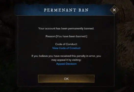 Account Banned from New World