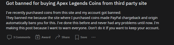Account Banned from Apex Legends for RMT