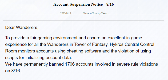Accounts Banned in Tower of Fantasy