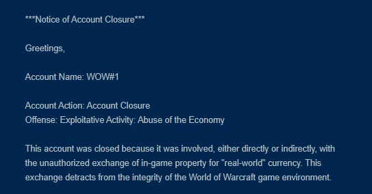 Permanent WoW Ban for Buying Gold