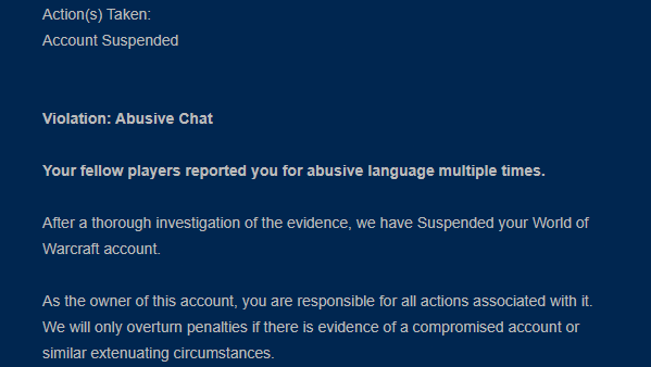 WoW Suspended Account for Abusive Chat